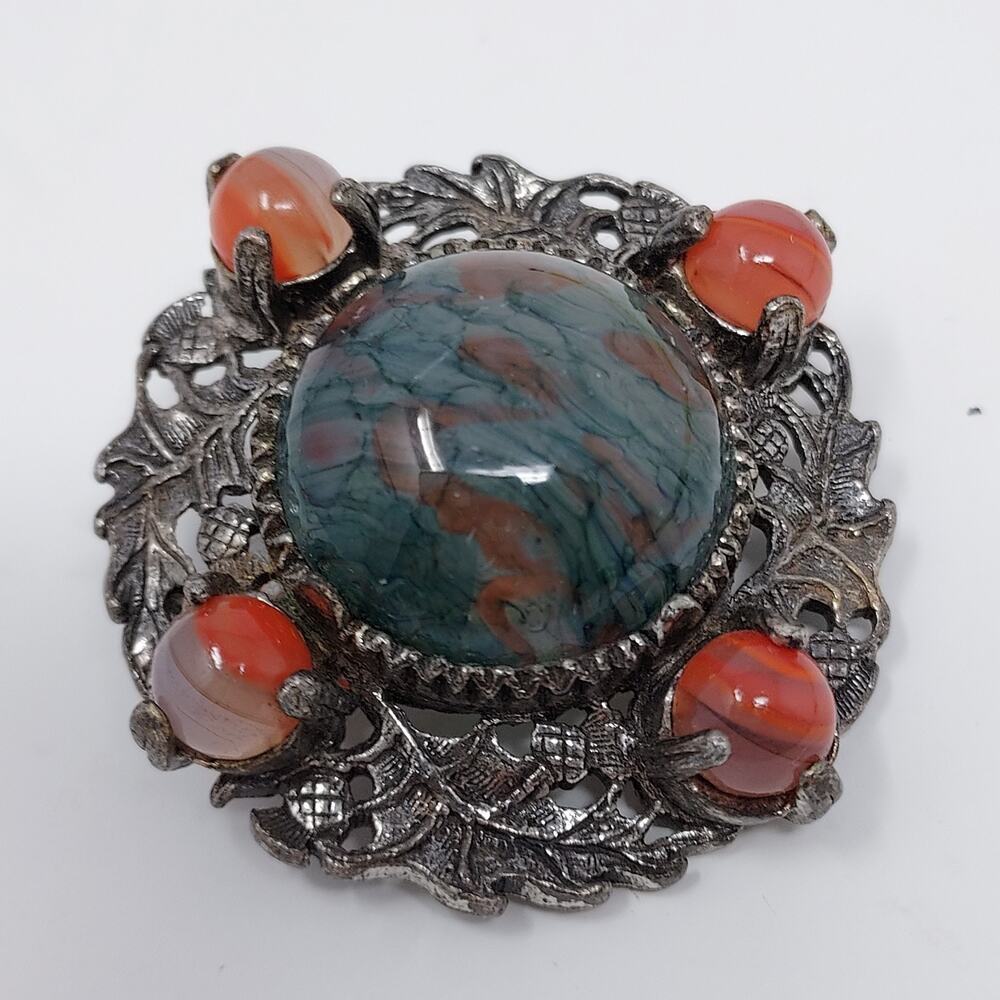 Vintage Miracle Brooch or Pendant Glass Center Cabochon Celtic Thistle Shawl Pin